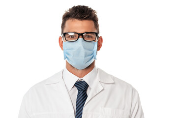 Doctor in medical mask and eyeglasses looking at camera isolated on white