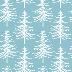 Christmas tree seamless pattern. Noel watercolor print, New year winter holiday decoration, blue christmas background with firs and white snow, wallpaper, wrapping paper design