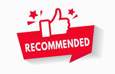 Recommended icon for great deal advice banner with thumb up sign. Best price banner design vector illustration. Good choice guarantee badge label for bestseller top product. Sale promotion design V2