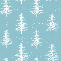 Christmas tree seamless pattern. Noel watercolor print, New year winter holiday decoration, blue christmas background with firs and white snow, wallpaper, wrapping paper design