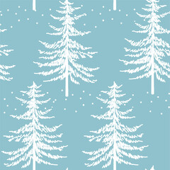 Fototapeta premium Christmas tree seamless pattern. Noel watercolor print, New year winter holiday decoration, blue christmas background with firs and white snow, wallpaper, wrapping paper design