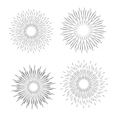 Set and collection of trendy hand drawn retro sunburst