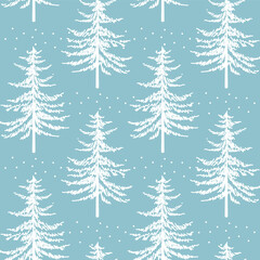 Christmas tree seamless pattern. Noel watercolor print, New year winter holiday decoration, blue christmas background with firs and white snow, wallpaper, wrapping paper design