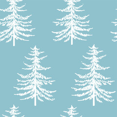 Obraz premium Christmas tree seamless pattern. Noel watercolor print, New year winter holiday decoration, blue christmas background with firs and white snow, wallpaper, wrapping paper design