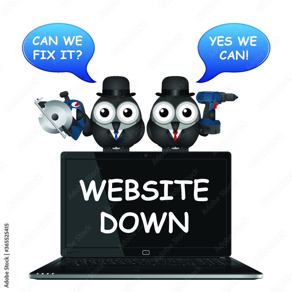 Wall mural comical website down with bird it engineers perched on a laptop ready to fix the problem with power 