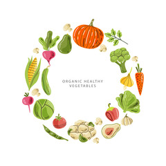 Vector vegetables in round composition with space for text. A bright illustration of healthy fresh food. Isolated design elements. Ideal for poster, banner, packaging, and home decor. 