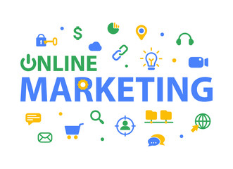 Online marketing vector concept. New trends in product promotion on the Internet. Selling products over the Internet. Search for new interconnections of systems and trends. Color illustration.