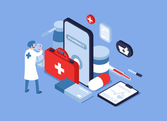 Vector illustration of an online pharmacy. Online medicine. A doctor, a pharmacy worker is looking for the right medicine and things for the client via the Internet. Isometry. Can be a web banner.