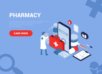 Vector illustration of an online pharmacy. Online medicine. A doctor, a pharmacy worker is looking for the right medicine and things for the client via the Internet. Isometry. Can be a web banner.