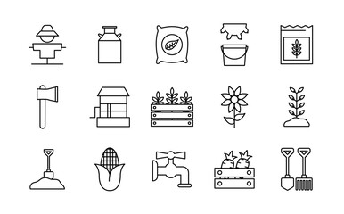 farm line style icon set design, agronomy lifestyle agriculture harvest rural farming and country theme Vector illustration