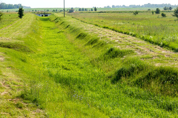 Ecological problems, global warming. Drought. Dry irrigation canal without water. Disaster, crop...