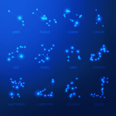 Zodiac constellation. Horoscope set: Aries, Taurus, Leo, Virgo, Scorpio, Libra, Aquarius, Sagitarius, Pisces, Capricorn,, Gemini, Cancer.