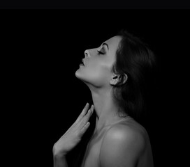 Beautiful makeup sexy woman touching the fingers elegant healthy neck skin wirh nude back and...