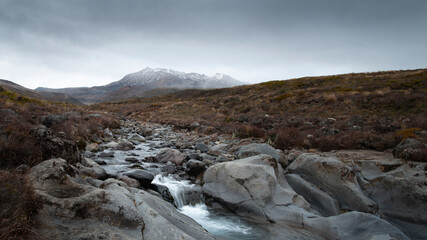 Obraz premium Mahuia river with Mt Ruapehu in the distance in the Taranaki Falls track in Tongariro National Park