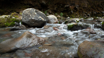 Fototapeta na wymiar Water flowing along the stream in Taranaki Falls track in Tongariro National Park
