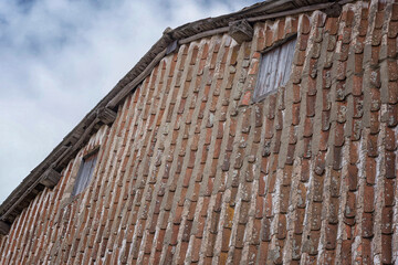 Typical facade with tile to move vertically, in Candelario, Salamanca, Castilla Leon, Spain, Europe. Village tradition.