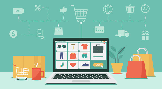 online shopping or digital store on laptop computer concept, men fashion products from e-shop with icons and goods, vector flat graphic illustration