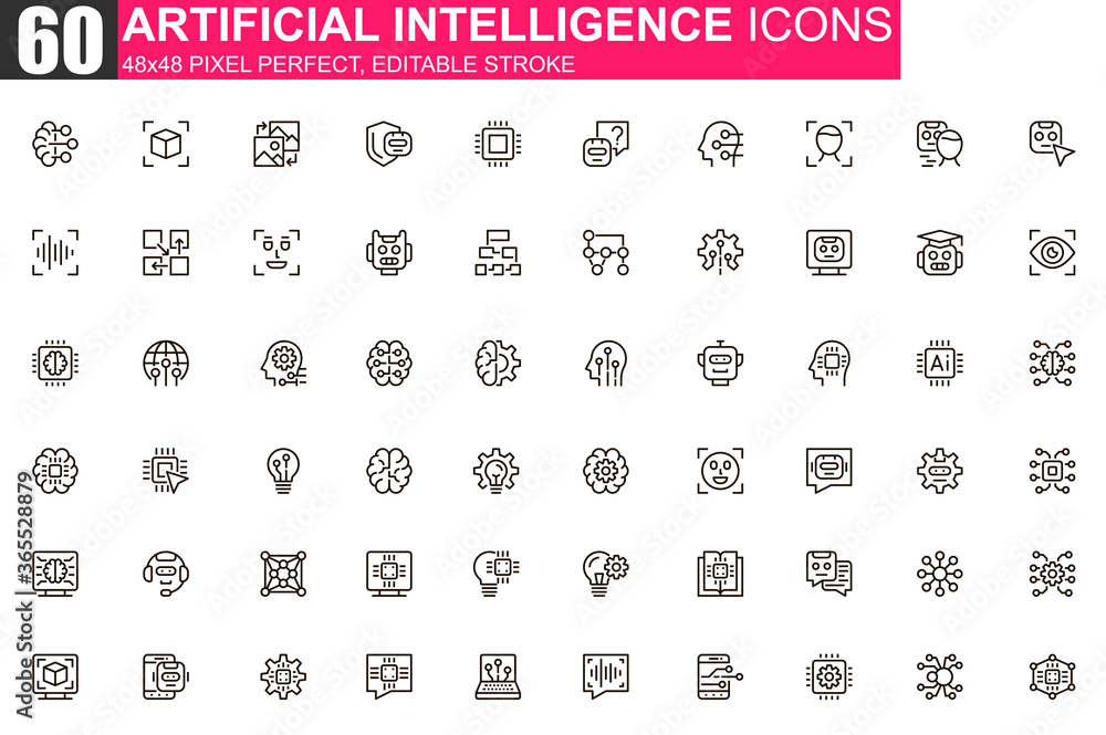 Fototapete Artificial intelligence thin line icon set. Machine learning outline pictograms for website and mobile app GUI. Smart technology simple UI, UX vector icons. 48x48 pixel perfect linear pictogram pack.