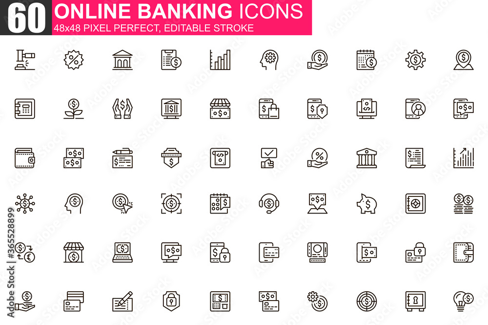 Fototapete Online banking thin line icon set. Credit card payment outline pictograms for website and mobile app GUI. Financial services simple UI, UX vector icons. 48x48 pixel perfect linear pictogram pack.