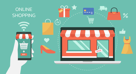 human hand using online shopping application on smart phone device, internet digital store on laptop computer concept with products, e-payment, e-commerce, vector flat graphic illustration