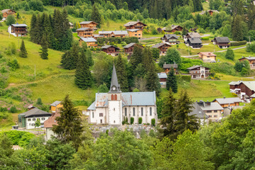 Les Gets in France, beautiful village perched on the mountain in spring
