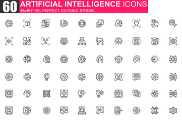 Artificial intelligence thin line icon set. Machine learning outline pictograms for website and mobile app GUI. Smart technology simple UI, UX vector icons. 48x48 pixel perfect linear pictogram pack.