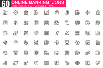 Online banking thin line icon set. Credit card payment outline pictograms for website and mobile app GUI. Financial services simple UI, UX vector icons. 48x48 pixel perfect linear pictogram pack.