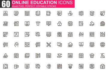 Fototapeta na wymiar Online education thin line icon set. Distance learning outline pictograms for website and mobile app GUI. Online webinar, courses simple UI, UX vector icons. 48x48 pixel perfect linear pictogram pack.