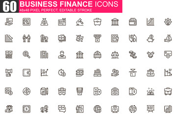 Fototapeta na wymiar Business finance thin line icon set. Financial accounting and audit outline pictograms for web and mobile app GUI. Online banking simple UI, UX vector icons. 48x48 pixel perfect linear pictogram pack.