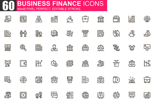 Business finance thin line icon set. Financial accounting and audit outline pictograms for web and mobile app GUI. Online banking simple UI, UX vector icons. 48x48 pixel perfect linear pictogram pack.