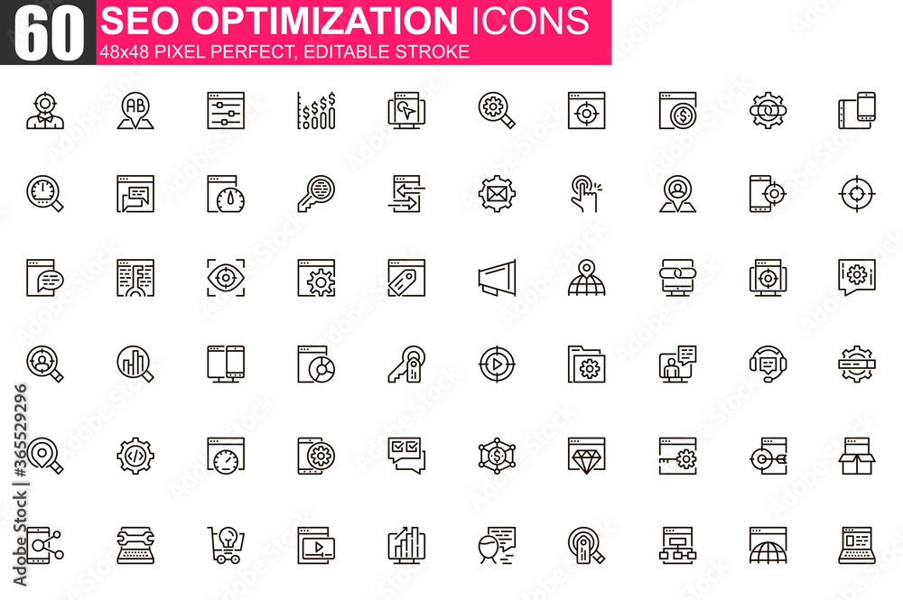 Poster seo optimization thin line icon set. web analytics outline pictograms for website and mobile app gui