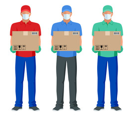 Safe food delivery during coronavirus epidemic. Delivery home and office. Delivery man or courier in a medical mask and gloves delivering to customer at home. Online purchases during a quarantine.