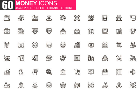 Money thin line icon set. Money management and saving outline pictograms for website and mobile app GUI. Capital investment simple UI, UX vector icons. 48x48 pixel perfect linear pictogram pack.