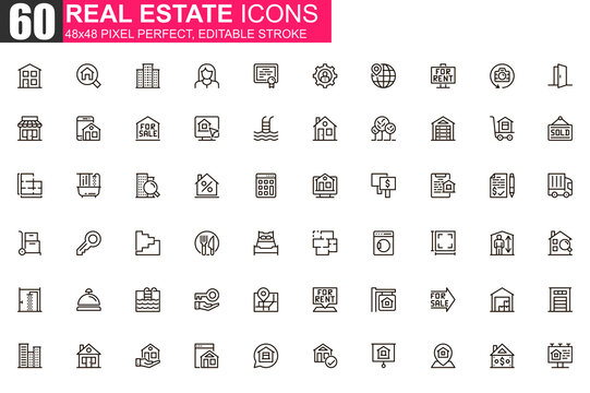 Real estate thin line icon set. Real estate agency outline pictograms for website and mobile app GUI. Building sale and rent simple UI, UX vector icons. 48x48 pixel perfect linear pictogram pack.