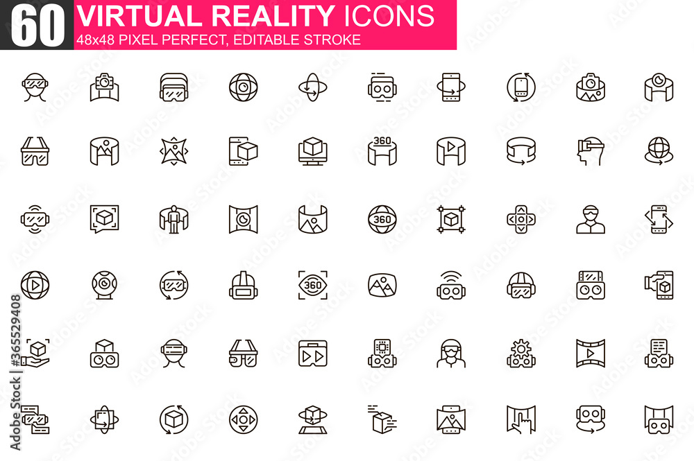 Aufkleber Virtual reality thin line icon set. 3d simulation and computer vision outline pictograms for web and mobile app GUI. VR technology simple UI, UX vector icons. 48x48 pixel perfect linear pictogram pack