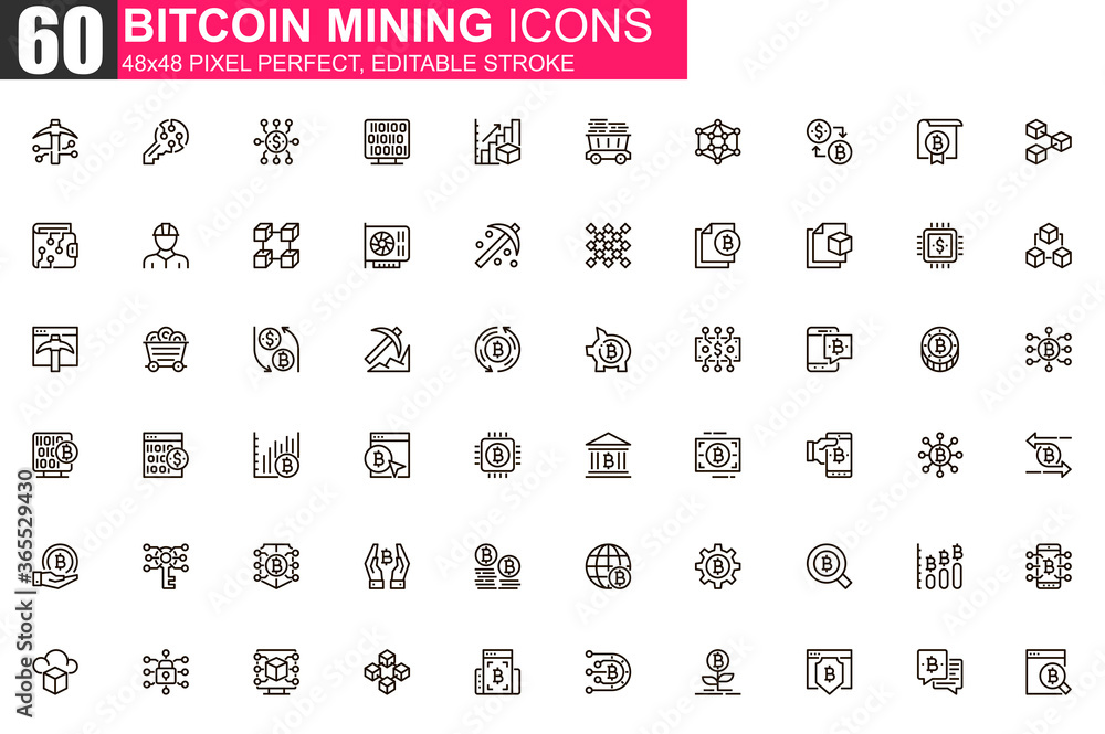 Fototapete Bitcoin mining thin line icon set. Cryptocurrency fintech outline pictograms for web and mobile app GUI. Blockchain technology simple UI, UX vector icons. 48x48 pixel perfect linear pictogram pack.