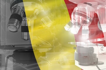 Belgium science development conceptual background - microscope on flag. Research in biotechnology or medicine, 3D illustration of object