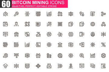 Bitcoin mining thin line icon set. Cryptocurrency fintech outline pictograms for web and mobile app GUI. Blockchain technology simple UI, UX vector icons. 48x48 pixel perfect linear pictogram pack.