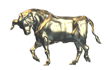 Ox statue, gold bull. Stock market consept, 3d render illustration, golden decoration.
