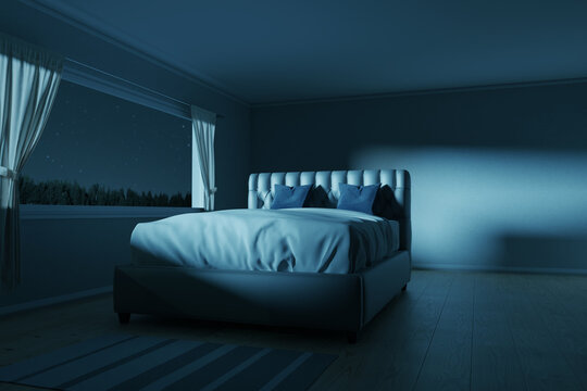 3d rendering of bedroom with an elegant box-spring bed at night