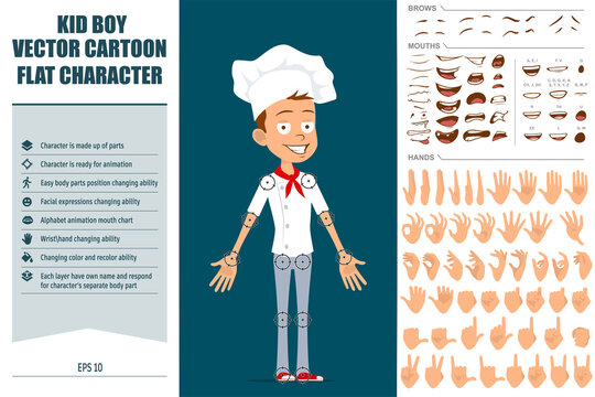 Cartoon flat funny chef cook boy character in white uniform and baker hat. Ready for animations. Face expressions, eyes, brows, mouth and hands easy to edit. Isolated on blue background. Vector set.