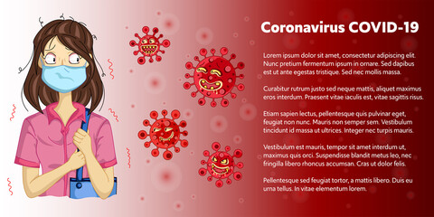 Vector COVID-19 virus microbiology concept infographic. A woman wearing a surgical mask to prevent virus.Is in anxiety panic and fear because of the coronavirus outbreak.Space illustration for text.