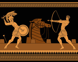 orange and black figures pottery amphora painting of troy war with achilles fighting - obrazy, fototapety, plakaty