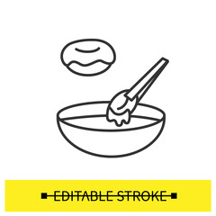 Doughnut icing icon. Donuts dipping in sugar glaze or coating bowl line pictogram Concept of homemade pastry and bakery dressing and decoration. Editable stroke vector illustration for cookbook recipe