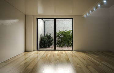 Leeres Zimmer mit 2 Fensterntüren und heller Wand mit Garten