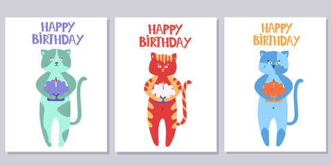 Set of greeting cards. Happy Birthday. Cute cats with cake. Vector illustration isolated on white background.