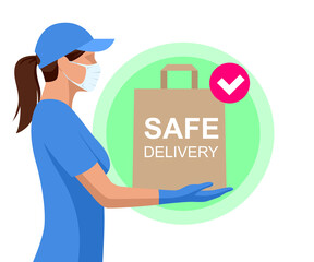 Safe food delivery during coronavirus epidemic. Delivery home and office. Isometric Delivery woman or courier in a medical mask and gloves delivering to customer at home.