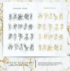 40 bundle jellyfish hand drawing premium design with original black and premium gold © floral