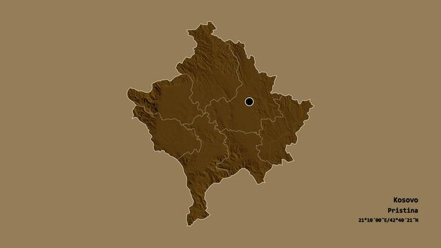 Uro&scaron;evac, district of Kosovo, with its capital, localized, outlined and zoomed with informative overlays on a administrative map in the Stereographic projection. Animation 3D
