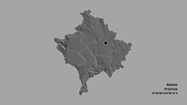 Uro&scaron;evac, district of Kosovo, with its capital, localized, outlined and zoomed with informative overlays on a bilevel map in the Stereographic projection. Animation 3D